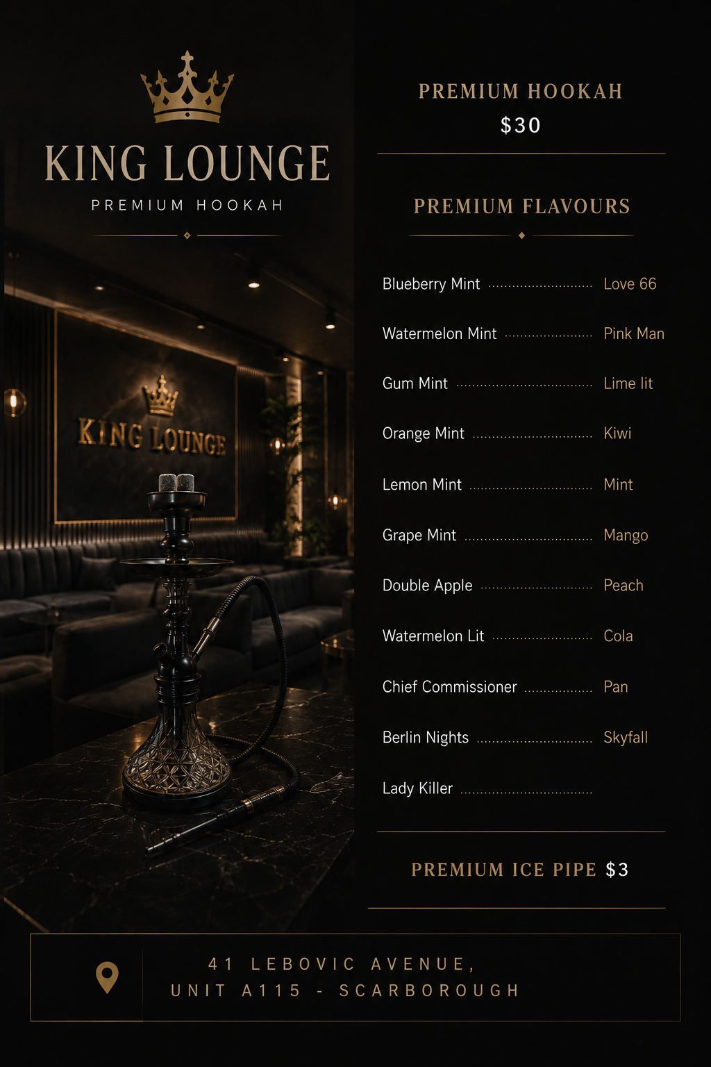 King Lounge Premium Hookah Menu